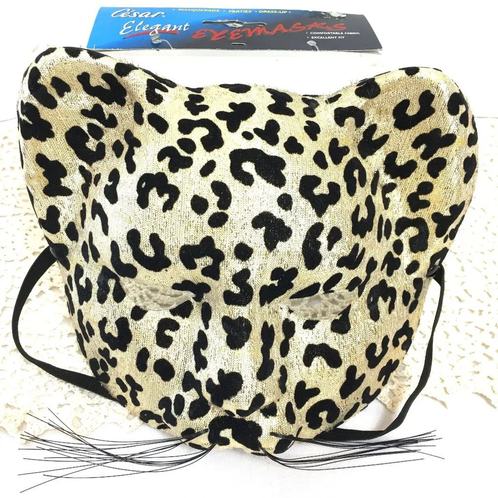 Cesar' Gold Metallic Flocked Black Cat Leopard Mask NWT NOS